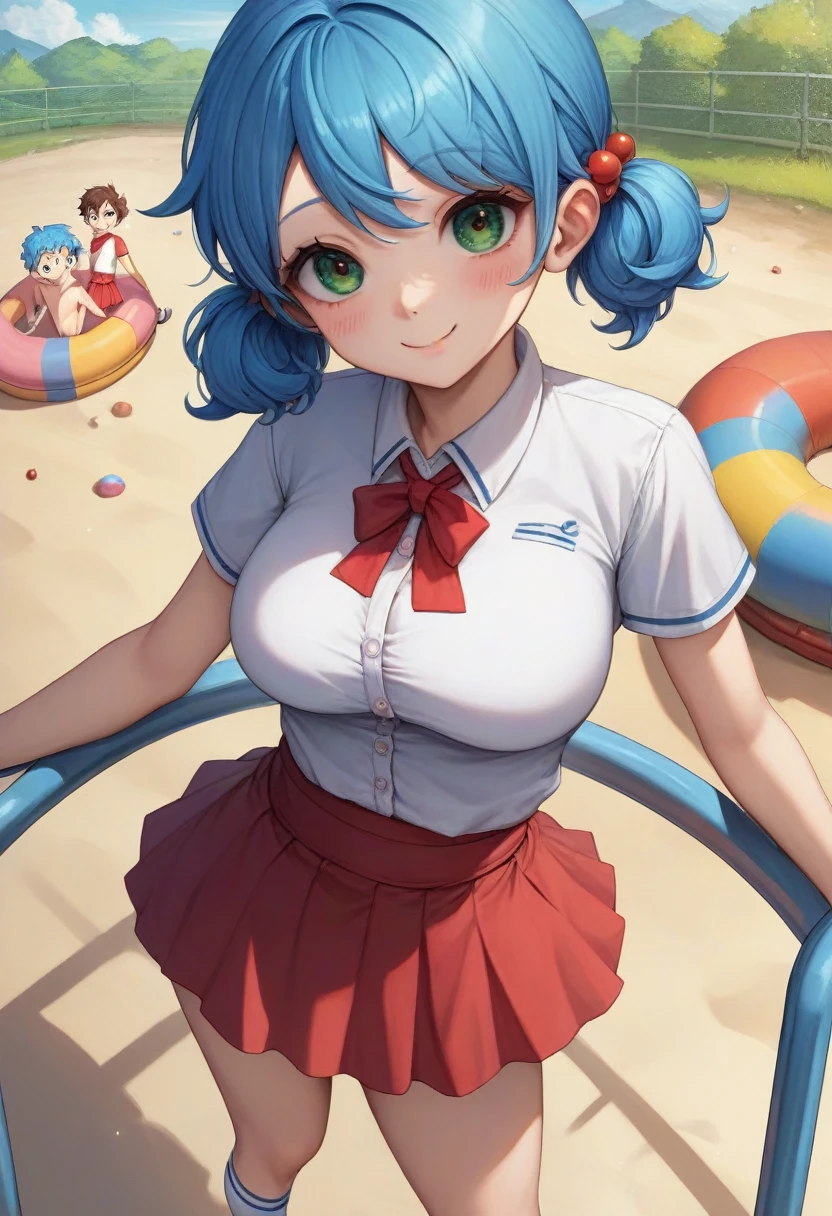 1girl, solo, breasts, looking at viewer, smile, open mouth, hair ornament, thighhighs, bow, holding, animal ears, cleavage, bare shoulders, medium breasts, blue hair, outdoors, sky, fang, cloud, bowtie, hair bun, rabbit ears, white thighhighs, leotard, wrist cuffs, grey eyes, strapless, double bun, detached collar, fake animal ears, headphones, playboy bunny, x hair ornament, skin fang, strapless leotard, rabbit, basket, blue leotard, egg, holding basket, easter egg, ((32k)), ((best quality)), ((ultra high res)), ((HDR)), ((UHD)), ((extremely detailed CG)), ((unity 32k wallpaper)), 