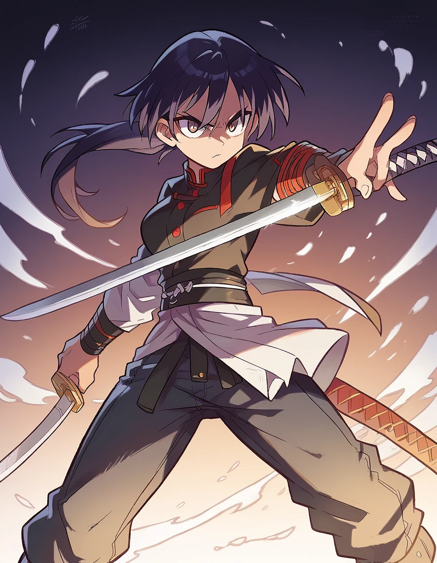 A close-up of a person holding a sword and a sword,  katana zero video game character, Dramatic pose wielding a katana, female protagonist 👀 :8, Official character art, katana zero, Dramatic pose of wielding the sword,   female action anime girl  , with a great sword, katanas attached to his back , From the arknights