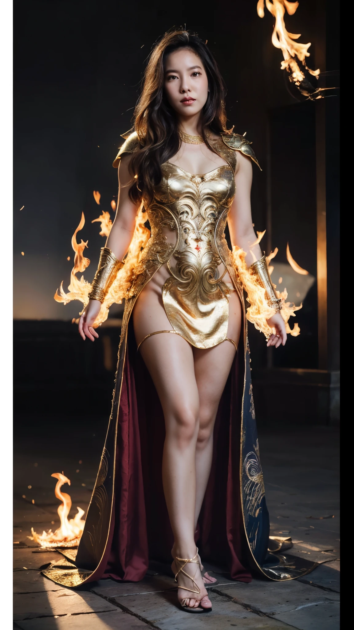 16K, Ultra High Definition, Super detailed, Shiny detailed hair, detailed face, fantasy landscape, solo, looking at viewer, {{best quality}}, {{masterpiece}}, {{ultra-detailed}}, {detailed light}, ultra high quality eyes, detailed eyes, perfect eyes, large eyes, detailed purple eyes, beautiful lips, queen asian woman, posing, with dragon armour and transparent dress, asian mitology, very detalhed, showying sexy legs, with power and fire and gold details, magical scene, great quality, Masterpiece, better performance, 16k quality, HDR, RAW photo, magic luminous, bare foot,