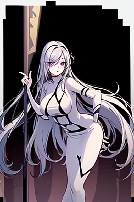 Fantasmatica waifu, with a long tight white dress , by the wide, ojos morados, black lipstick, long white hair blanco, big bust (adventure), high resolution 