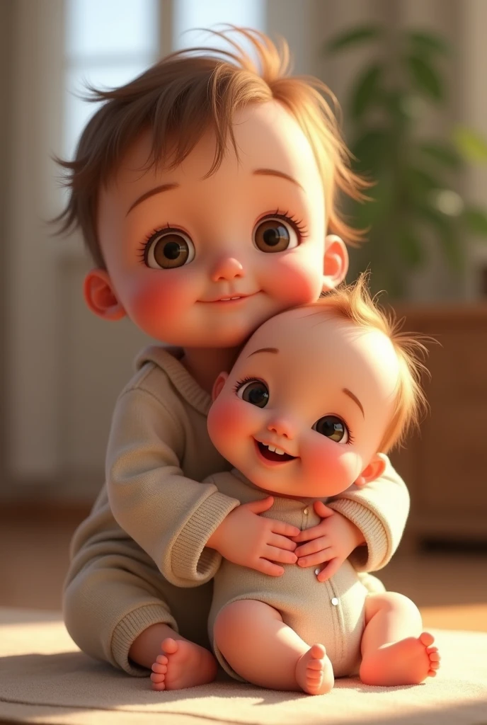 create an image in which a baby boy of 1 year love with his new baby newborn boy
