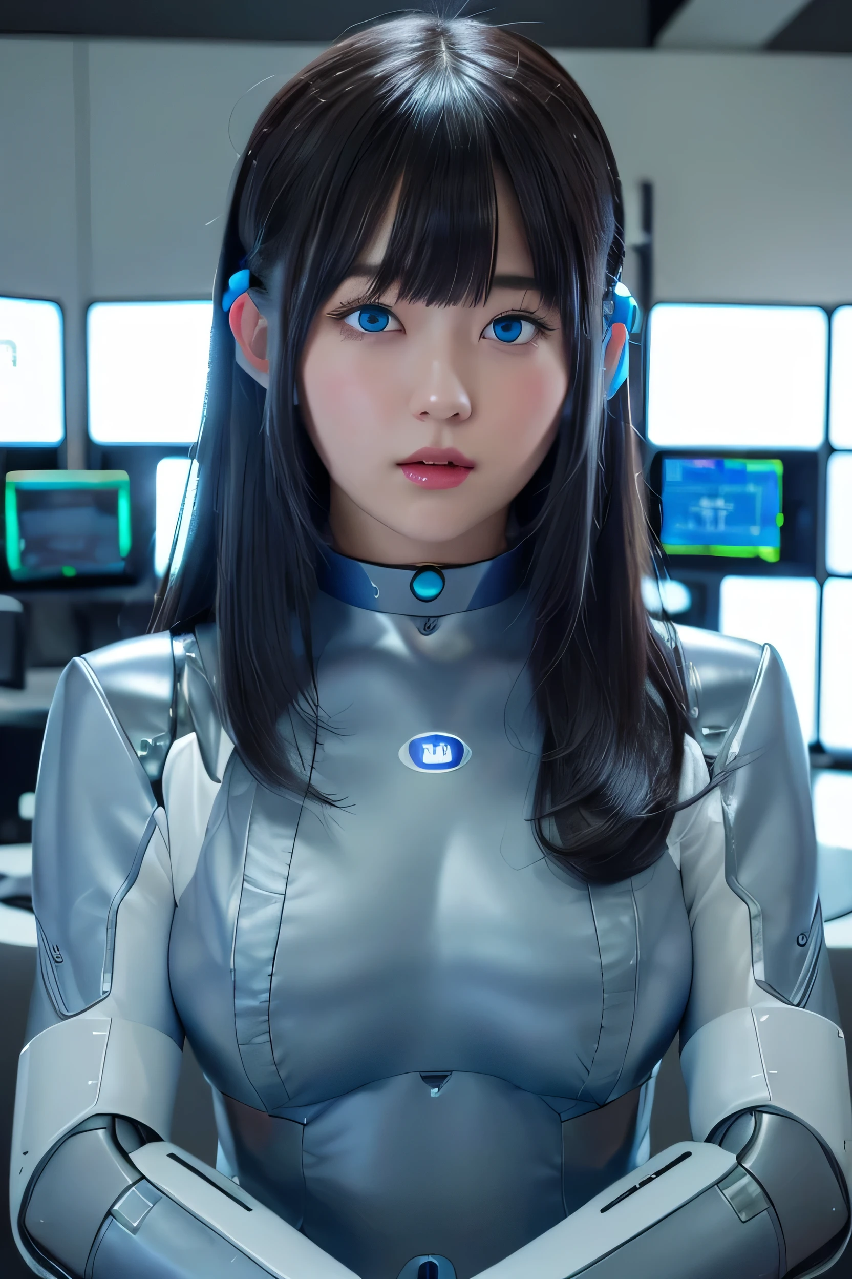 masterpiece, Best Quality, Extremely detailed, 8K portrait,Japaese android girl,Plump , control panels,Robot arms and legs, Blunt bangs,perfect robot girl,a bit chubby,white gloves,chest monitor,blue eyes,Charging spot,She is exhibits,exibition hall,promo girl,