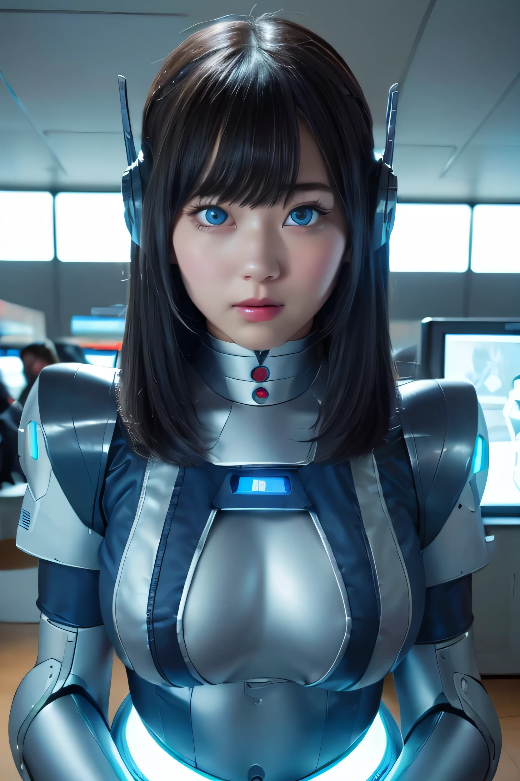 masterpiece, Best Quality, Extremely detailed, 8K portrait,Japaese android girl,Plump , control panels,Robot arms and legs, Blunt bangs,perfect robot girl,a bit chubby,white gloves,chest monitor,blue eyes,Charging spot,She is exhibits,exibition hall,promo girl,