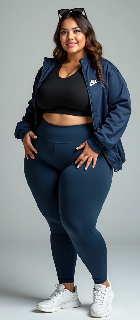 "An ultra-detailed 8k masterpiece of better quality and high saturation well focused. The image features an outfit illustration featuring a stunning stunning plus size African beauty woman wearing a super tight orange leggings outfit including super tight open shirt, F cup, white sneakers and a blue background, long legs."