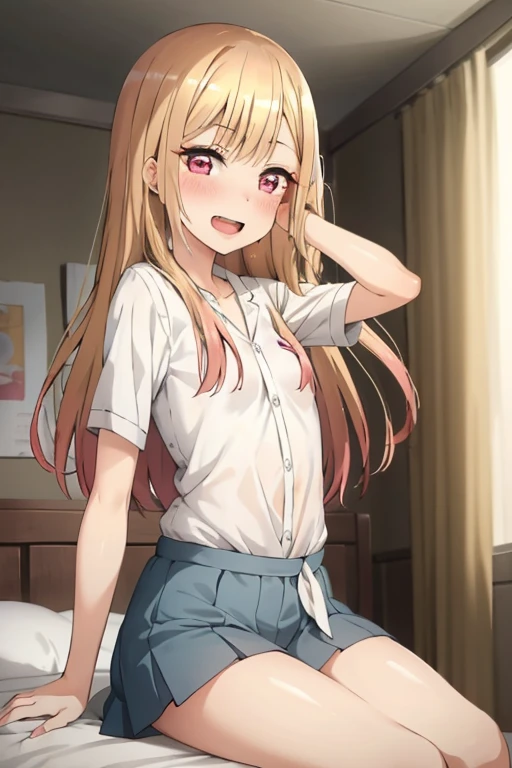 ((Best Quality)), ((masterpiece)), (be familiar with),  perfect face, indoor, bedroom,  watching viewers,
One woman, Kitagawa Marin,
Open Mouth, Ecstatic expression, blush, smile,
Small breasts,  flat chest, , , , Girl,
Long Hair,  long hair,
Leg spread,