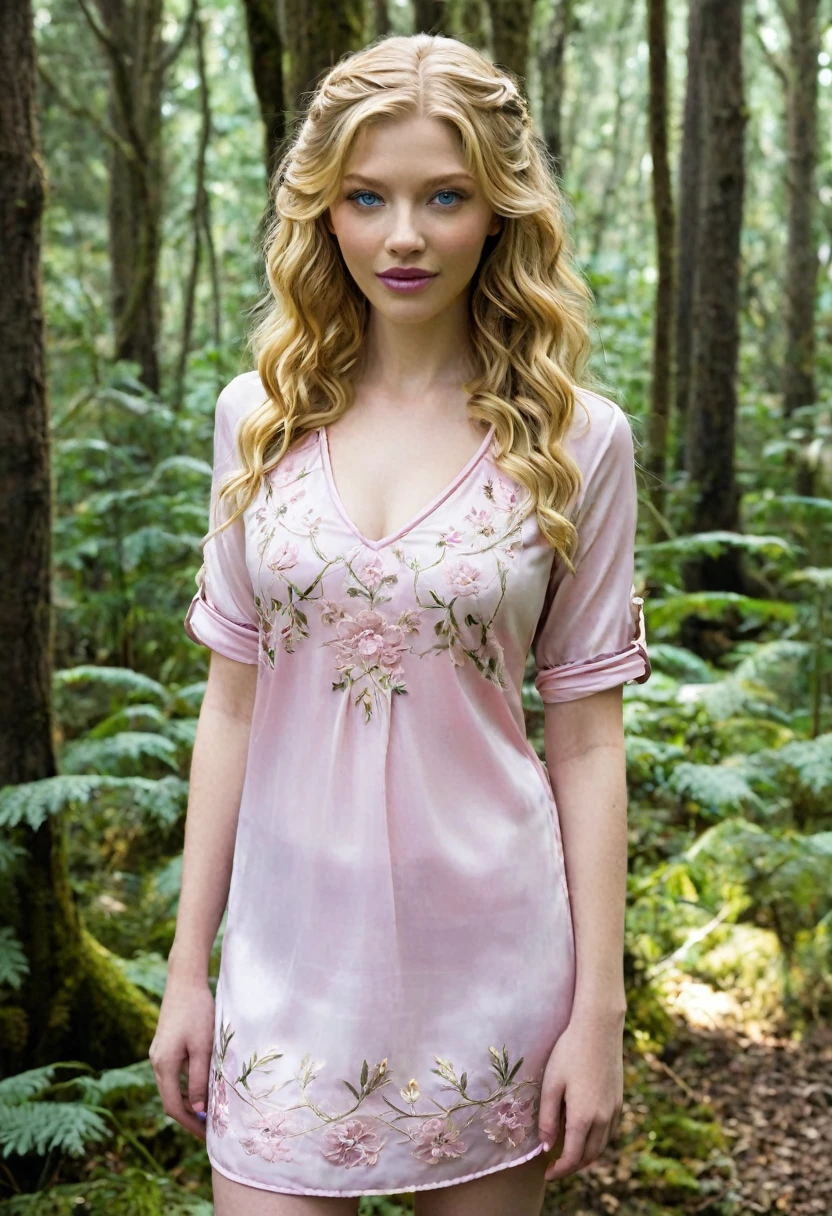  A 21-year-old daughter of actresses Alyssa Sutherland and Katherine Winnick in a Forest in the series Game of Thrones.  She has the facial features of both , Katherine's wavy blonde hair that reaches her waist ,  Alyssa's bright blue eyes shaped like Alyssa's eyes and Katherine's warm smile . She is light skinned, tall and slender but voluptuous .  She wears an elegant and sensual pale pink silk tunic embroidered with flowers in gold . 