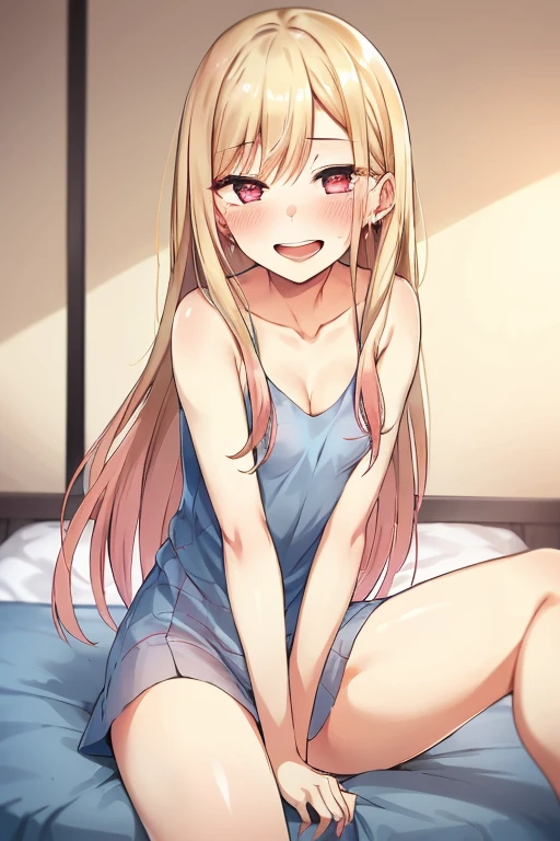 ((Best Quality)), ((masterpiece)), (be familiar with),  perfect face, indoor, bedroom,  watching viewers,
One woman, Kitagawa Marin,
Open Mouth, Ecstatic expression, blush, smile,
Small breasts,  flat chest, , , , Girl,
Long Hair,  long hair,
Leg spread,