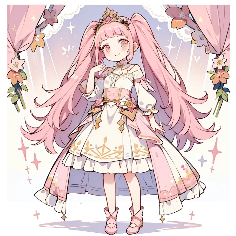 1girl in, fullllbody, Character Design, Pink-haired prince with heart tiara, florals, Star Accessories, High quality, Wide Shot, Detailed background of the Enchanted Forest、A slight smil