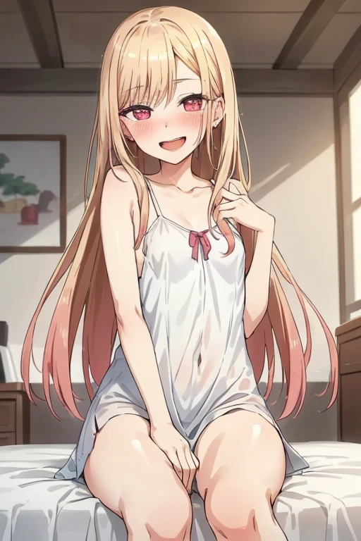 ((Best Quality)), ((masterpiece)), (be familiar with),  perfect face, indoor, bedroom,  watching viewers,
One woman, Kitagawa Marin,
Open Mouth, Ecstatic expression, blush, smile,
Small breasts,  flat chest, , , , Girl,
Long Hair,  long hair,
Leg spread,