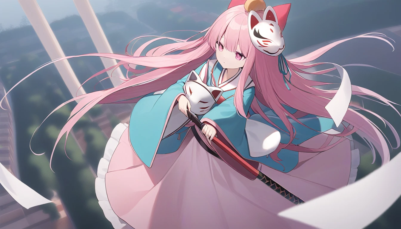 　  I'm carrying very long pink hair and a large round bulging pink skirt of Naginata  、　 Pink Eyes 　Turquoise clothes 、   　girl、 light blue naginata seen from the top right  、expressionless、   holding a naginata with a fox mask on the right side of my head　 nothing grows on my head  　View from top right 