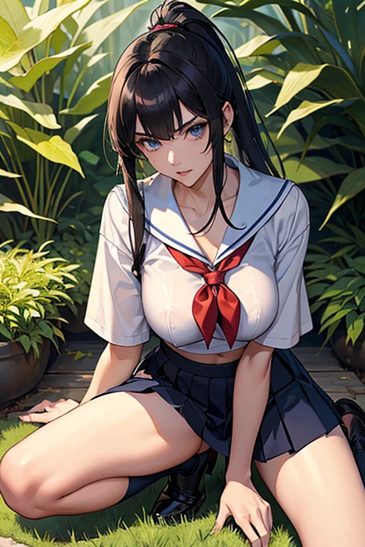 nsfw,(nipples peek:1.2),an unparalleled masterpiece, 8K, (high quality:1.2) perfect artwork, outdoor, 1 girl, Canoe Unlong, fingerless gloves, serafuku, abdomen, loose socks, pleated skirt, yellow neckerchief, earrings, loafers, long hair tied low, hair above one eye, clean, beautiful face, pure face, white skin, shiny hair, (colored inner hair:1.103), (hair details:1.08), (long eyelashes:1.1), Braid, (Beautiful detailed eyes and face), (very detailed:1.05), stunning lighting effects, fighting pose,(big breasts:1.5),cleavage,belly button,underboob,(White micro panties,camel toe:1.2),(Torn shirt:1.2),spread your legs,(blush),sitting,(cum on face:1.5),( from above:1.2)