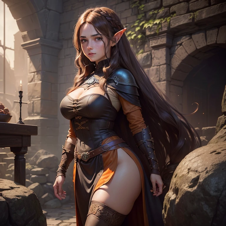 5'8 female elf with black hair and hazel green eyes, pale skin, and paladin outfit
Big boobs