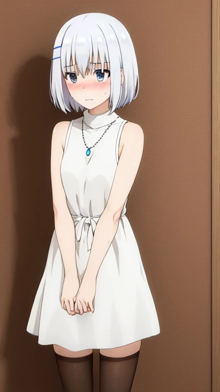 FS, 1girl, solo, portrait, small breasts, hair flower, eyepatch, hairband, hair ornament, blush, wearing a white dress, just a beautiful white dress, standing in a room, perfect hands, perfect fingers, perfect quality, good quality, masterpiece, HDR, UHD