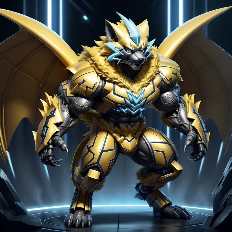 (zeraora, 8K), (zeraora's giant robot, Powered exoskeleton with the same design as zeraora), (Masterpiece, highres) (Detailed head, Detailed Body, Detailed abs, full body) (gigantic muscles, Gigachad Muscular, big muscle, pecs, triceps, traps, unusually developed muscular body, body full of huge muscles. showing off muscles, pectorales enormes, Exaggeratedly huge muscles.) (nj5furry, The claws are sharp, Sharp teeth, sharp claws), (long legs), (Spread wings, It has wings, have big wings, golden wings), (It has wings, whole body shines like metal, Wearing cyberpunk mecha, emphasizes the muscles, suit fully made of metal, intricate armor, Robotic suit, suit fully made of metal, cyborg. golden armor), (golden hyper penis), menacing pose, no face. wearing a full-face helmet. 