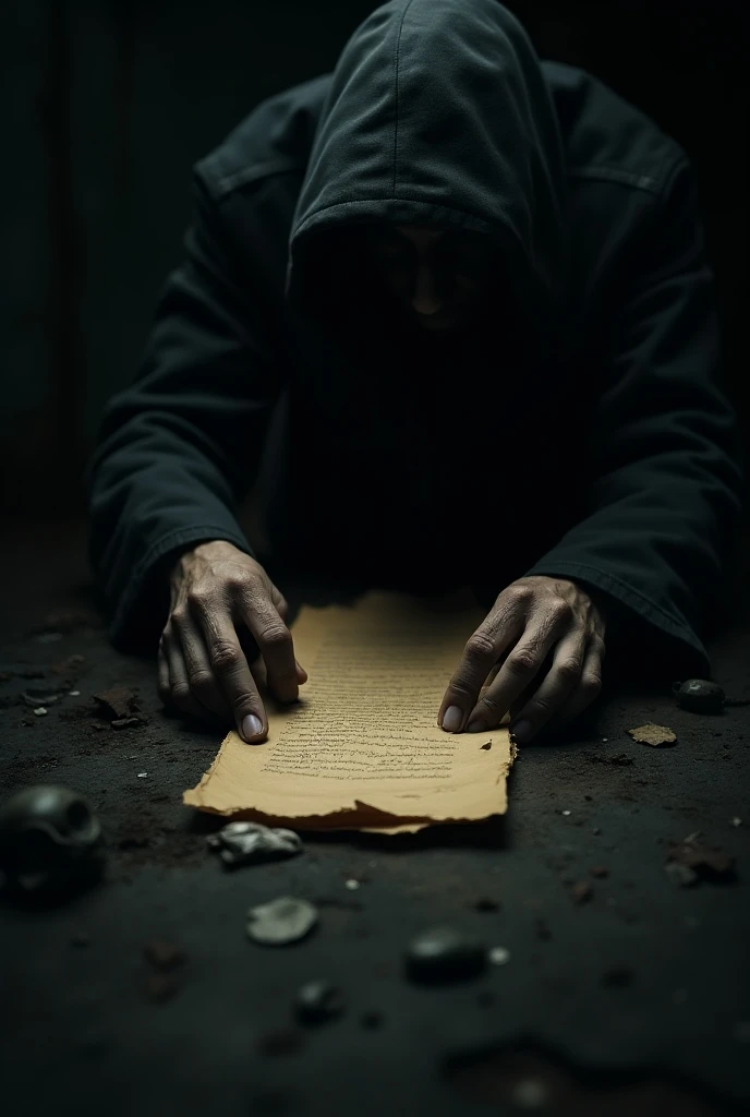 masterpiece、 Highest quality, Highly detailed、8k、 High resolution, Everyday scenes、Drawing with a quill on parchment、Blood text"I'm hungry..."