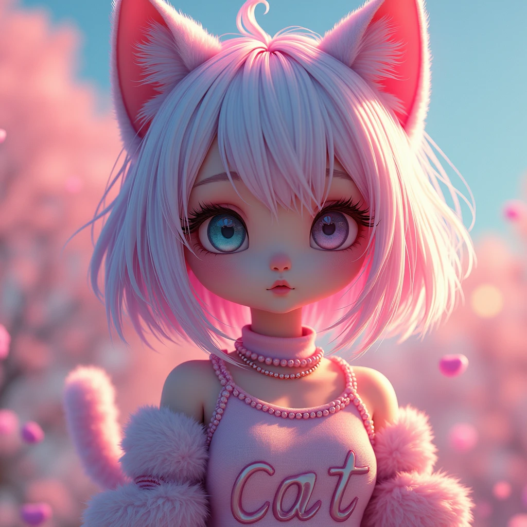 young woman with short pink hair (a wolf cut) with Asian features and wearing cute clothes