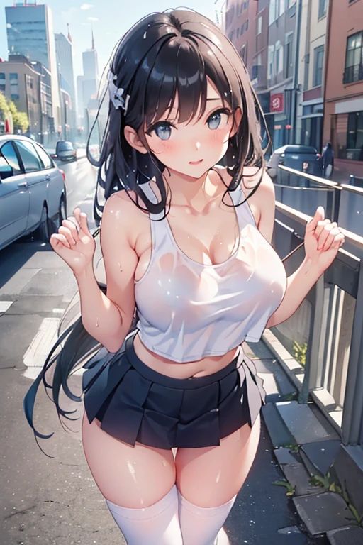 (Best Quality)), ((masterpiece)), ( Details),nsfw1.9, ((Full Body Shot 1.5, view from below))， a beautiful 19-year-old woman in a city lined with buildings， smiling with their mouths open，The look of temptation，Big boobs and very sexy，((( wear a white tank top,A tank top that fits the body,Tank tops can be seen through when wet)))，Highlighting the white panties,
Beautiful single woman，Beautiful Face，Big Eyes， beautiful eyes， beautiful double eyelids ， Beautiful teeth alignment，A beautiful body line with 8 heads ，Slender body，Beautiful Hands， beautiful legs with tails，Long arms，Long legs， long, soft hair ，Shiny Hair， Black Hair ，Full Body Shot 1.4，  embarrassed expression ，，Mouth half open，Woman standing with legs apart，(( lifting a very short skirt with her hands 1 .9,Hold the skirt with your hands,I want to show you my panties，Chest compression 1 .5,I'm wearing white knee-high socks up to the knee1.9,Absolute territory,Blue sneakers)),