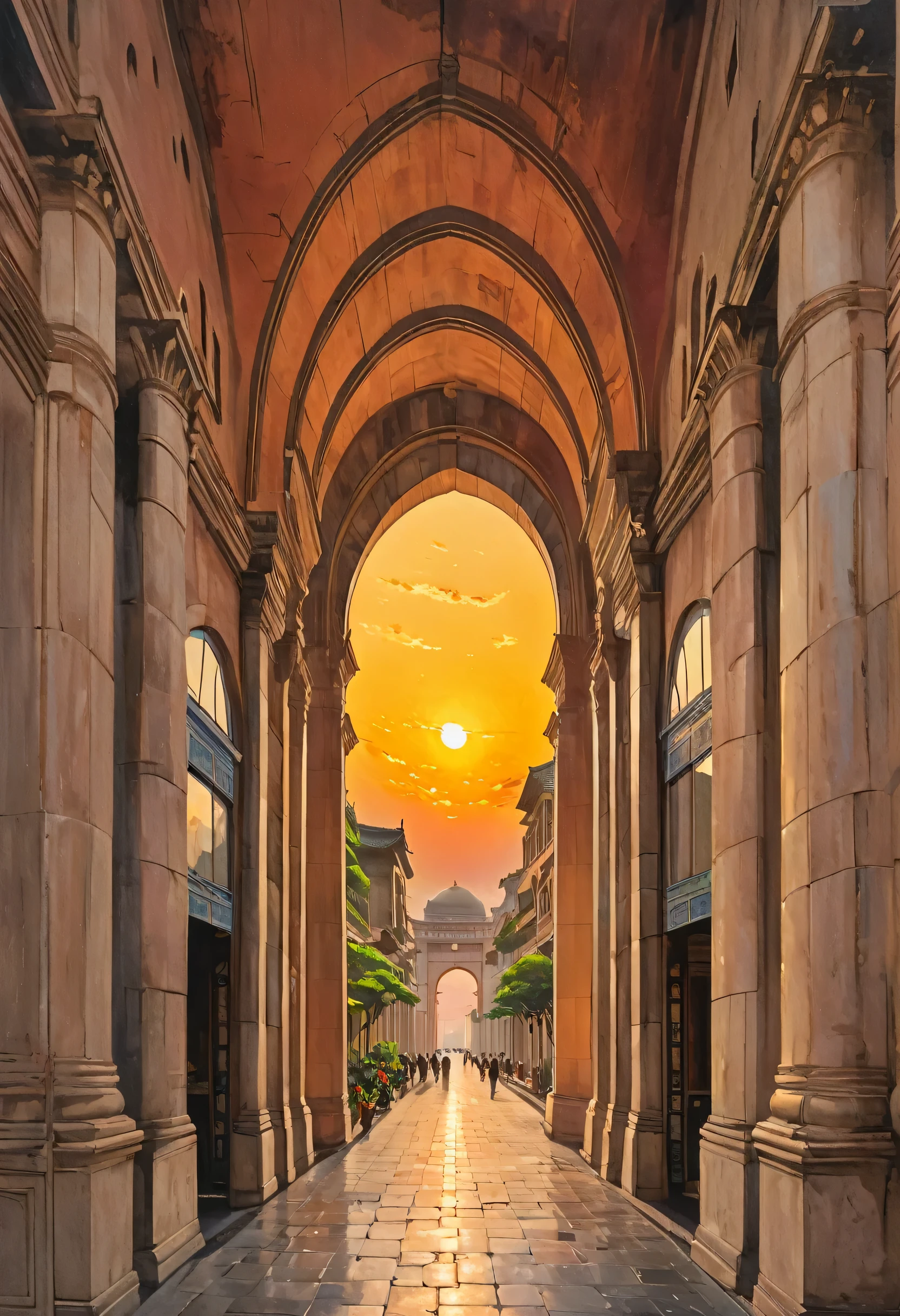 莫奈风格paint,paint,paint 拱道s in a building with a sunset in the background, giant and majestic arches, Arcos enormes, portal gigante