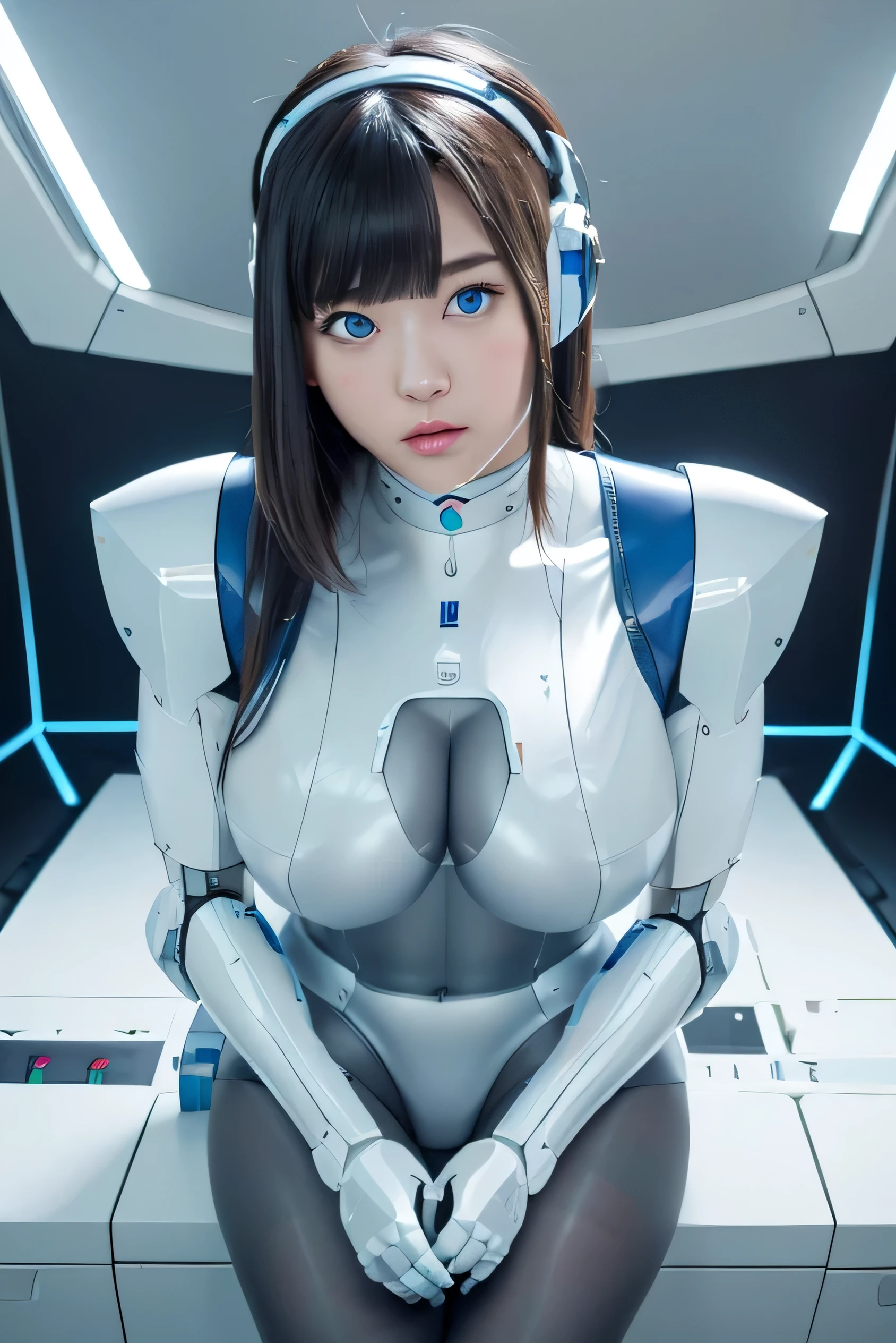 masterpiece, best quality, extremely detailed, Japanese android girl,Plump ,control panels,robot arms,robot,android,cyborg,white robot body,ceramic body,perfect robotgirl,blunt bangs,robot repair plant,chubby,pantyhose,blue eyes,