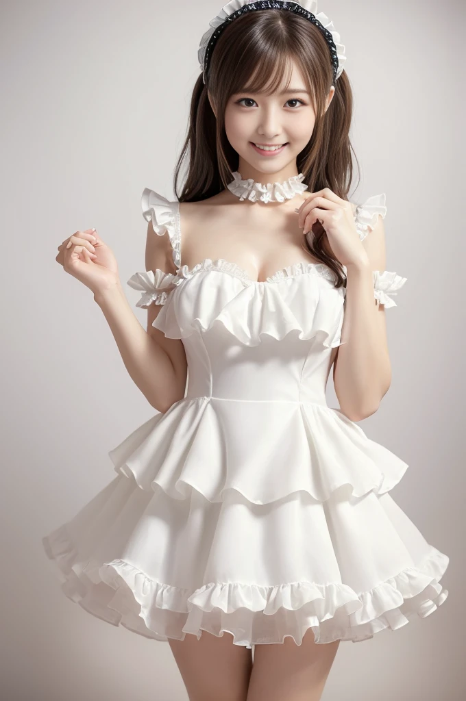 ((Sexy maid dress with frills:1.2)),  (Blank background:1.6), (Cute smile),  very detailed,  beautiful woman with shallow depth of field , Beautiful Hair, Beautiful Face,  beautiful attention to detail ,  Realistic Skin Types , Beautiful fingers,  Perfect Anatomy, Perfect legs, Perfect hands,  perfect eyes,  perfect body, smile, double eyelid, NSFW, 