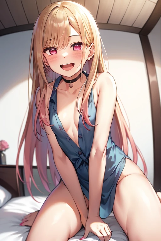 ((Best Quality)), ((masterpiece)), (be familiar with),  perfect face, indoor, bedroom,  watching viewers,
One woman, Kitagawa Marin,
Open Mouth, Ecstatic expression, blush, smile,
Small breasts,  flat chest, , , , Girl,
Long Hair,  long hair,
Leg spread,