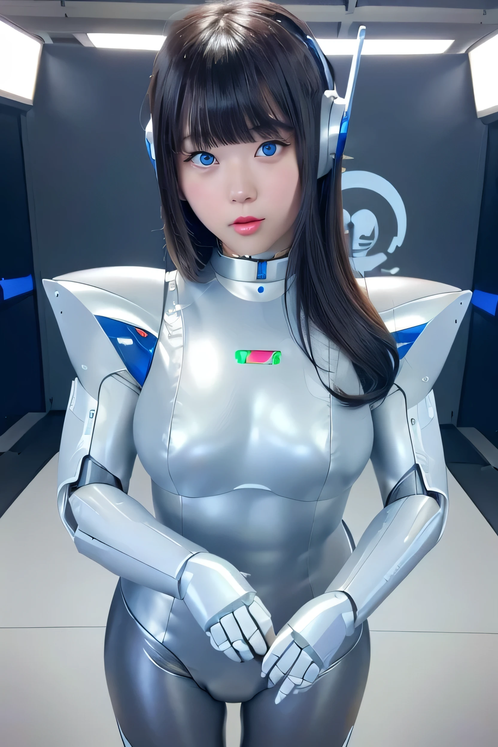 masterpiece, best quality, extremely detailed, Japanese android girl,Plump ,control panels,robot arms,robot,android,cyborg,white robot body,ceramic body,perfect robotgirl,blunt bangs,robot repair plant,chubby,pantyhose,blue eyes,