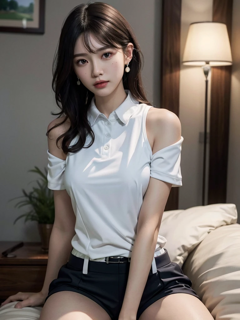 (disorganized, RAW photo, very delicate and beautiful, masterpiece, highest quality, ultra high resolution, 16k, surreal, super detailed, perfect anatomy, super dense skin, perfect figure:1.3), Highly detailed CG 8k wallpaper, 20's, very slim body, tight waist, very small head, very small face, delicate facial features, tearful mole, earrings, thin legs, (very huge round breasts:1.1), (full body shot:1.1), (1 girl:1), short hair, (wavy hair:1.1), (collared shirt:1.2), leather skirt, No sleeve,
