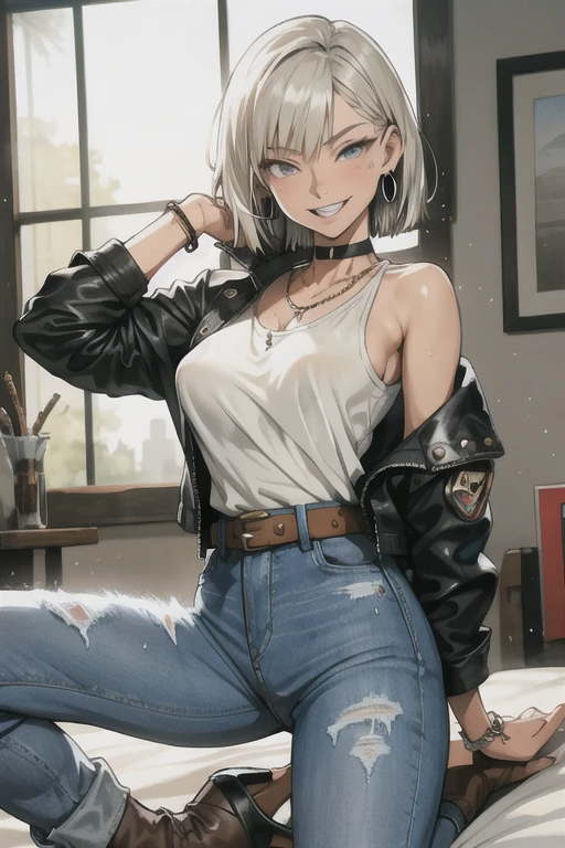 ((riding on my dick)), ((cowgirl position)), ((smiling face)), ((happy face)), (Squirting)),  (masterpiece, best quality), 1lady, milf
 Hair: buzz cut, Clothing: oversized, distressed denim jacket with patches and pins, paired with black skinny jeans and combat boots, Accessories: silver hoop earrings and a black choker necklace, high heels,
blonde bob cut, big breasts
in bedroom, hands in pocket, (from front:1.2), looking at viewer,  