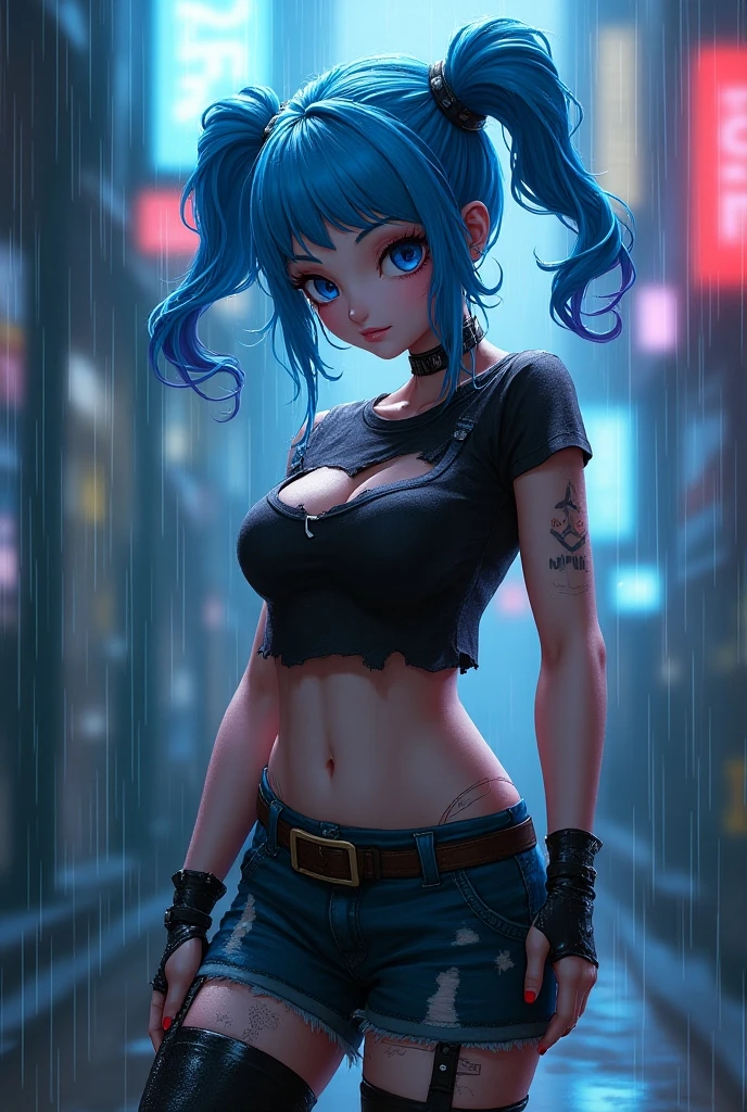 Beautiful anime girl with big tits touching each other in a public place, Wet, mostrando su culo, Pelo corto y azul oscuro, people looking at it , el cuero cubierto de tatuajes, punk, piercings, desnuda, Botas, cuero, latex, pinchos, cadenas, ahegao