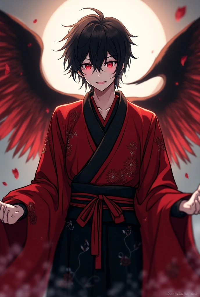 evil killer in a blood red robe, raven wings and feathers, drops of blood, smeared paints, purple-red flowers, gloomy face, anime style, digital art, best quality, 8k, detailed <lora:SDXL_Black_Sa_May:0.8> black <lora:blacklight_makeup_v2:0.2> blacklight makeup