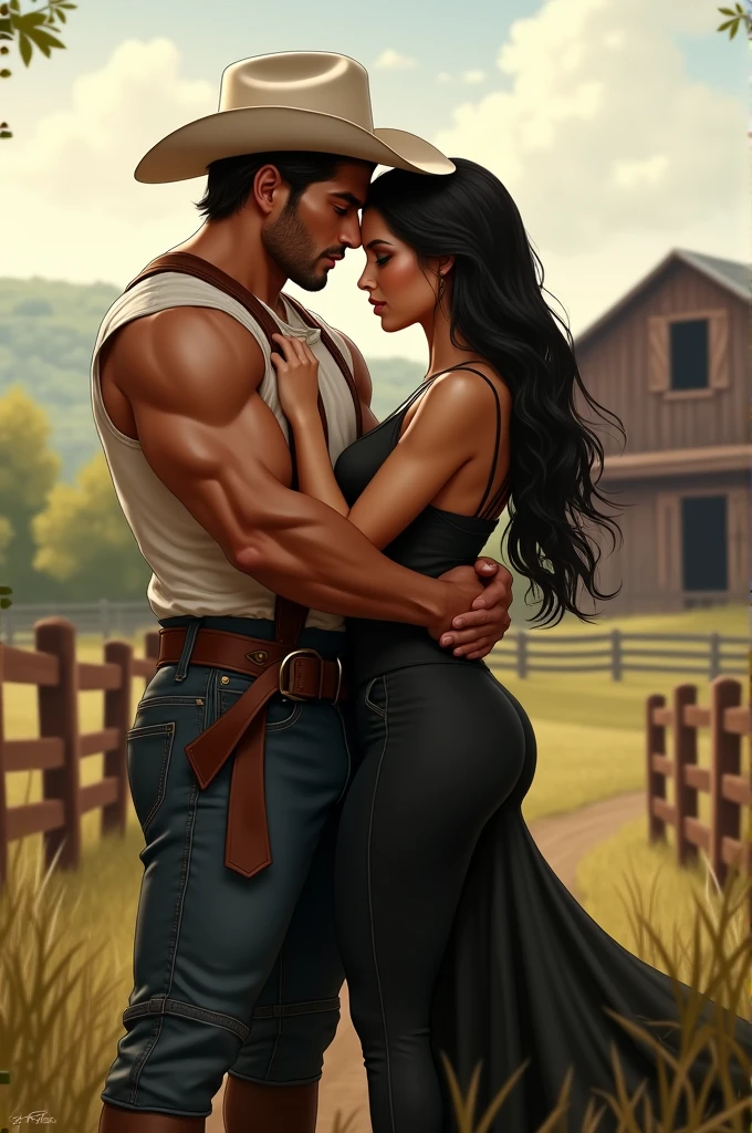 HQ image drawing, a carpenter in a dirty old tank top, with a blue cap, the stubble, e a appearance of 45 years. Next to him a woman with a red dress tight to her body, black hair and tied up, with a loose lock of hair, appearance of 45 years