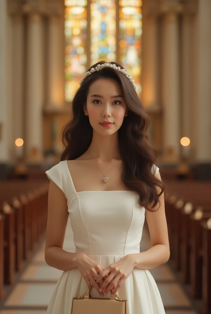 /whole body photoshoot of a k-pop girl at a church, revealing chest, revealing thighs, symmetrical eye, highly detailed eye, young face, cute, adorable, wavy hair, ear show, symmetrically beautiful small face, victoria's secret, sharp jaw, looking at the camera, 8k, camera flash,