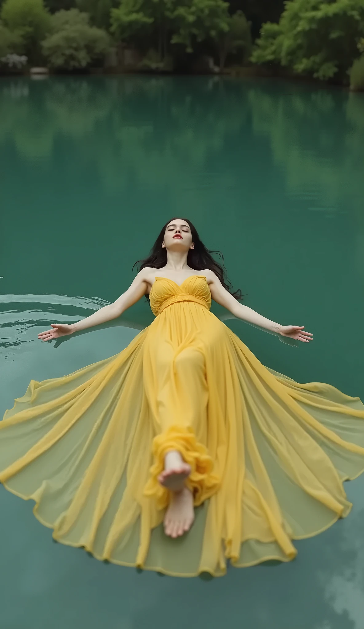 Perfect shot of a woman in a long yellow swimsuit, coming out of the water, View from the lake bottom, She is immersed in the water with her arms elegantly outstretched., She closed her eyes, Her lips were closed and her legs were stretched out. Her hands are almost touching the surface of the water... perfect face, perfect hands, ultra-realistic, perfect style, epic, realistic, CinemaScope, No nudity, Transparent clothing is prohibited.