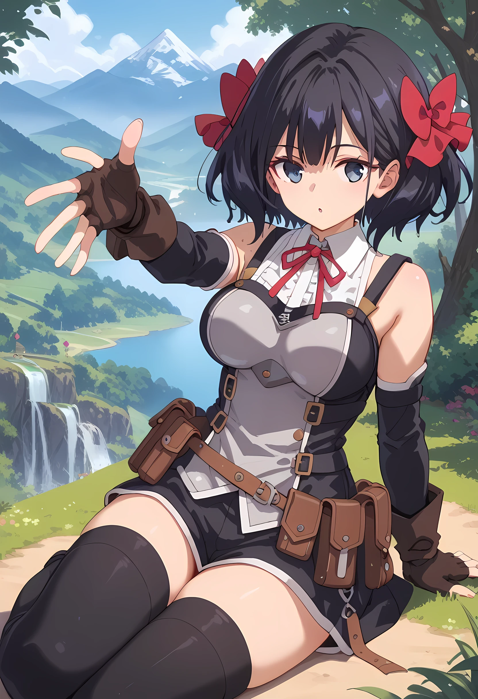 score_9, score_8_superior, score_7_superior, masterpiece, best quality, absurdres, high_fidelity, vibrant, sauce_anime, (rating_explicit:1.1), masterpiece, Highest quality, Adorable, TinoShade, medium hair, black hair, blue eyes, hair bow, red bow, white shirt, Black short pants, collared shirt, neck ribbon, red ribbon, harness, grey dress, black dress, detached sleeves, brown gloves, fingerless gloves, brown belt, belt pouch, black thighhighs, large breasts, Thick thighs, upturned eyes, sitting on ground, Reaching out, Mountain stream in the forest, AissistXLv2
