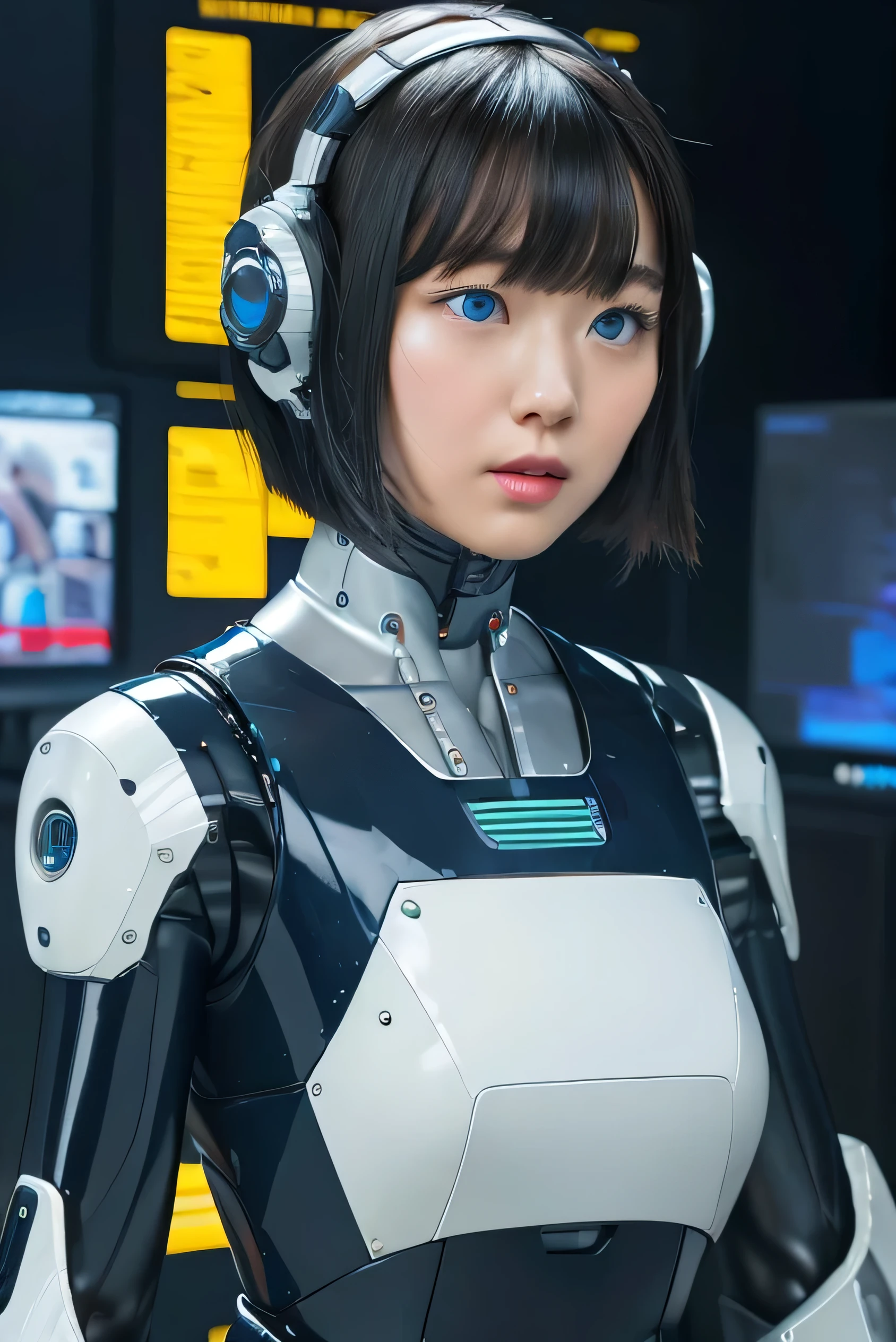 masterpiece, best quality, extremely detailed, 8K portrait,1girl in, Japaese android girl,android teacher,Plump , control panels,android,Droid,Mechanical Hand, ,Robot arms and legs, Black hair,Mechanical body,Blunt bangs,White Robotics Parts,perfect robot woman,Charging spot,perfect mechanical body,white robotics body,android assembly plant,white body,She has repaired,black sponge joints,android,laboratory,perfect machine body,white robot body,blue eyes