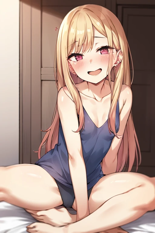 ((Best Quality)), ((masterpiece)), (be familiar with),  perfect face, indoor, bedroom,  watching viewers,
One woman, Kitagawa Marin,
Open Mouth, Ecstatic expression, blush, smile,
Small breasts,  flat chest, , , , Girl,
Long Hair,  long hair,
Leg spread,