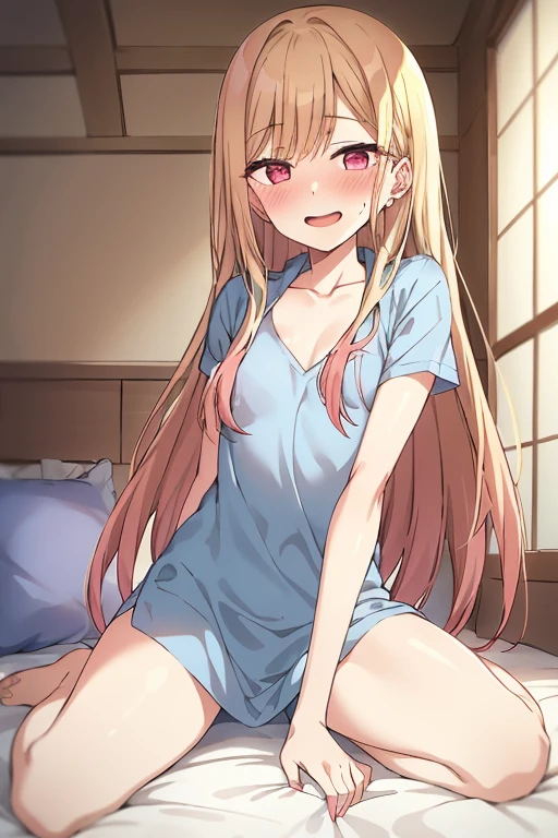 ((Best Quality)), ((masterpiece)), (be familiar with),  perfect face, indoor, bedroom,  watching viewers,
One woman, Kitagawa Marin,
Open Mouth, Ecstatic expression, blush, smile,
Small breasts,  flat chest, , , , Girl,
Long Hair,  long hair,
Leg spread,