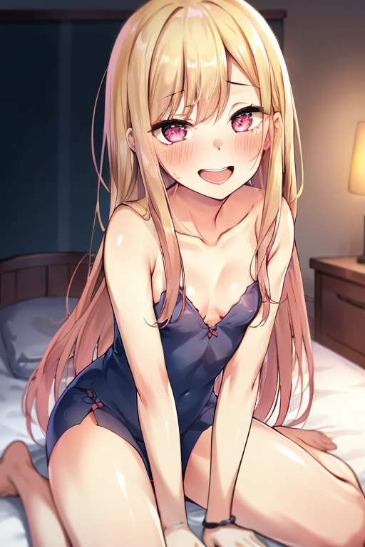 ((Best Quality)), ((masterpiece)), (be familiar with),  perfect face, indoor, bedroom,  watching viewers,
One woman, Kitagawa Marin,
Open Mouth, Ecstatic expression, blush, smile,
Small breasts,  flat chest, , , , Girl,
Long Hair,  long hair,
Leg spread,