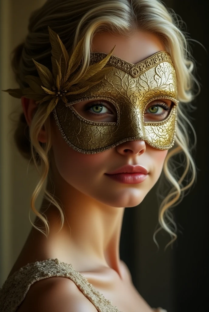 A woman removes a glamorous,ornate mask, revealing her natural, relaxed face underneath. The contrast shows that her true beauty lies in her authenticity