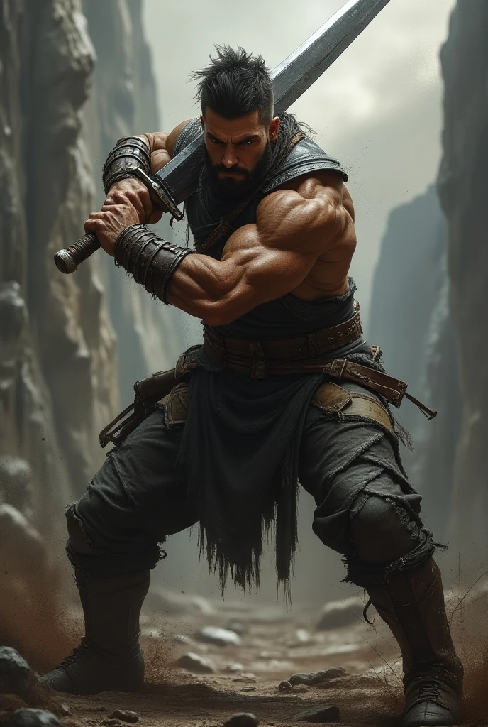 an intense swardsmen taking a battle stance, muscles tensed, ready for combat full figure