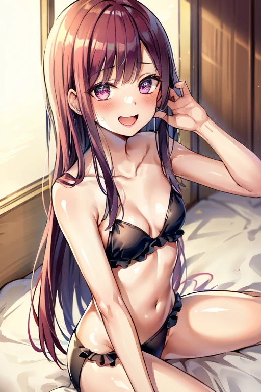 ((Best Quality)), ((masterpiece)), (be familiar with),  perfect face, indoor, bedroom,  watching viewers,
One woman, Kitagawa Marin,
Open Mouth, Ecstatic expression, blush, smile,
Small breasts,  flat chest, , , , Girl,
Long Hair,  long hair,
Leg spread,