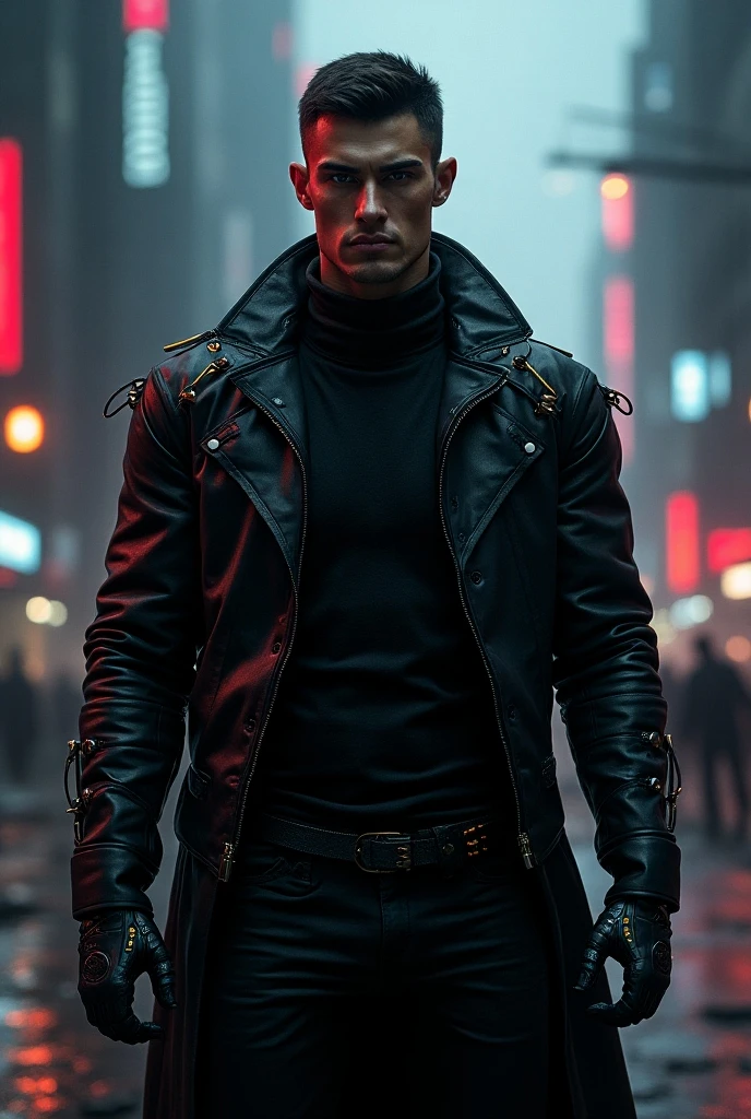 Best quality, masterpiece, ultra high res, (photorealistic:1.4), raw photo, handsome male, facial hair, cyberpunk night backdrop
