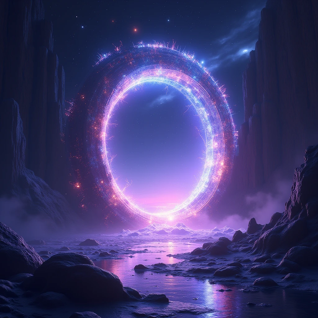 Imagine a futuristic portal in space opening with lots of energy ...