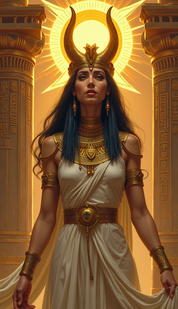 A black-haired Egyptian priestess with coins in her hands and a chest of gold underneath 