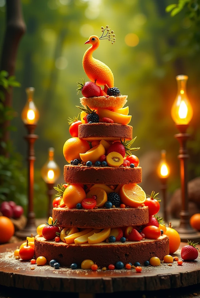 a multi layer photorealistic images of gourmet collection, the background layer should be various kind of fruits in a shape of peacock with gradient half page green to yellow, the middle layer a tall multistack decorated cake lighted by several oil lamp, the foreground layer should be a bunch of choccolate schips in various shape