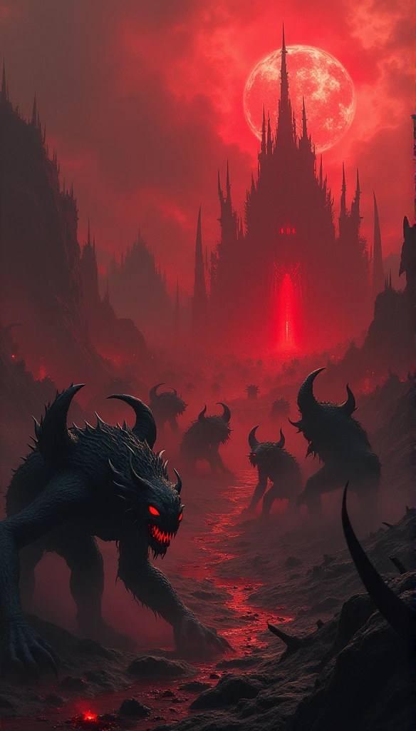 Catastrophic cataclysm taking souls, Valley of madness in background. Thorns, chaos, devastation, dramatic cloudy sky. Horror art, UHD, unreal engine, sketch color drawing.
