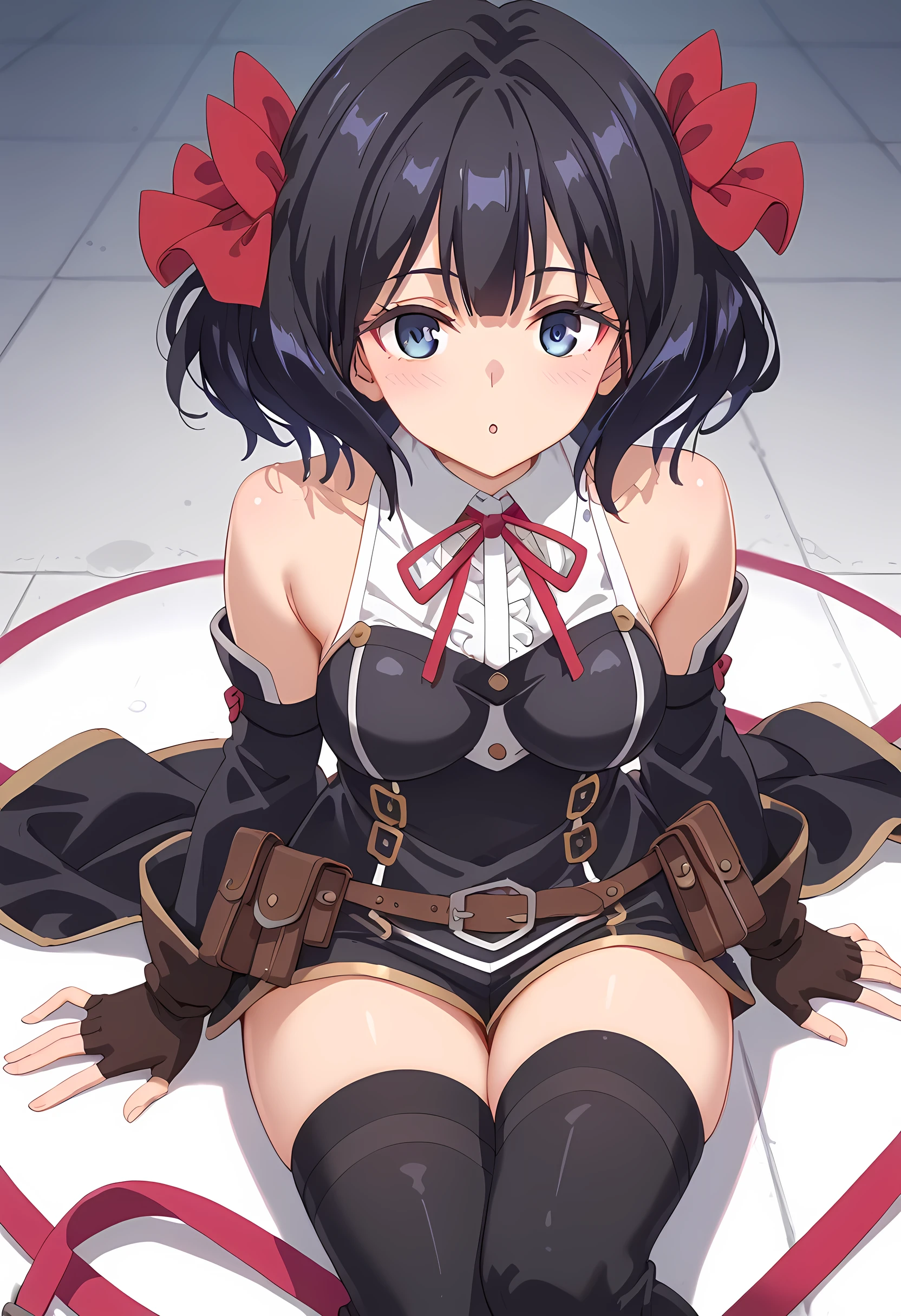 score_9, score_8_superior, score_7_superior, masterpiece, best quality, absurdres, high_fidelity, vibrant, sauce_anime, (rating_explicit:1.2), masterpiece, Highest quality, Adorable, TinoShade, medium hair, black hair, blue eyes, hair bow, red bow, white shirt, Black short pants, collared shirt, neck ribbon, red ribbon, harness, grey dress, black dress, detached sleeves, brown gloves, fingerless gloves, brown belt, belt pouch, black thighhighs, large breasts, Thick thighs, flushed cheeks, upturned eyes, sitting on ground, Reaching out, (soft focus:1.2), out-of-focus highlights, dreamy ambiance, glowing circles, mesmerizing depth, The background is realistic, AissistXLv2