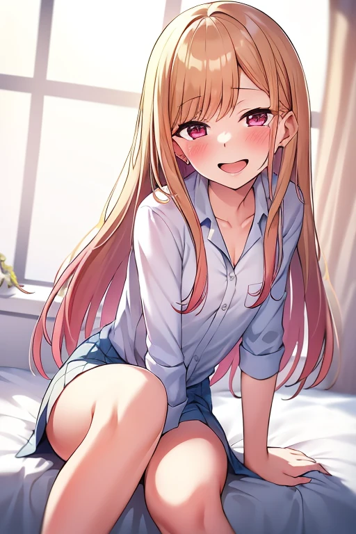 ((Best Quality)), ((masterpiece)), (be familiar with),  perfect face, indoor, bedroom,  watching viewers,
One woman, Kitagawa Marin,
Open Mouth, Ecstatic expression, blush, smile,
Small breasts,  flat chest, , , , Girl,
Long Hair,  long hair,
Leg spread,