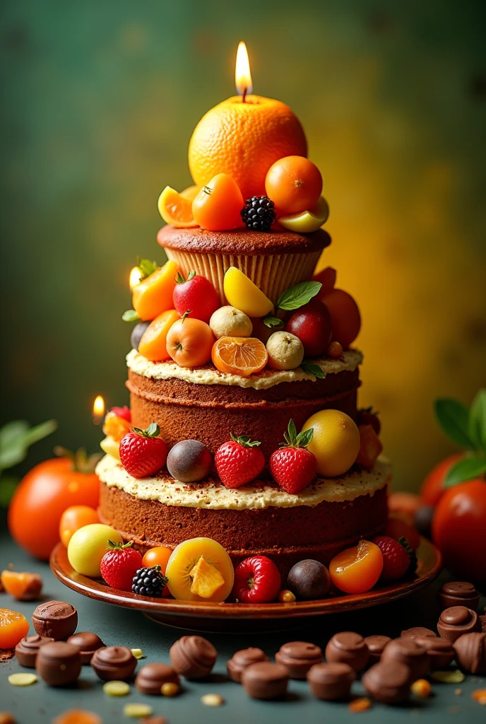 a multi layer photorealistic images of gourmet collection, the background layer should be various kind of fruits in a shape of peacock with gradient half page green to yellow, the middle layer a tall multistack decorated cake lighted by several oil lamp, the foreground layer should be a bunch of choccolate schips in various shape