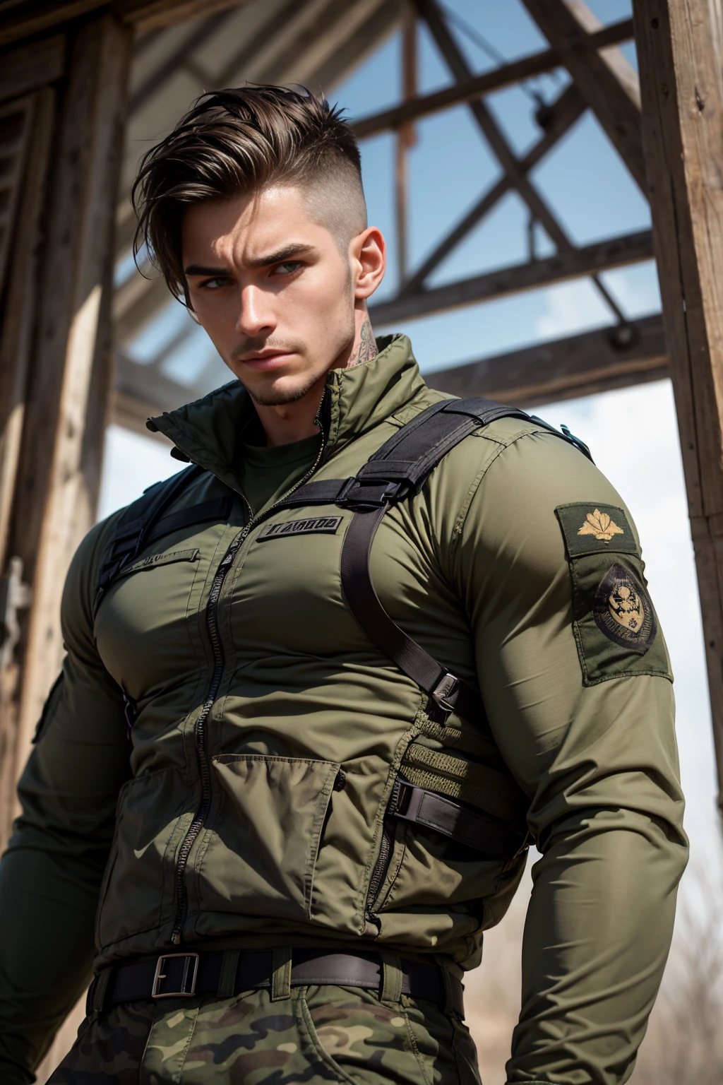 Wide Angle,8K True-to-Life Picture Quality, Handsome, man, blue eyes,Wearing tight camouflage clothing, Soldier, , barracks, Big bulge, muscular, Pectoralis major,Swelling of chest muscles,Excellent J8, broad-minded,Perfect facial details,Sexy and charming expression